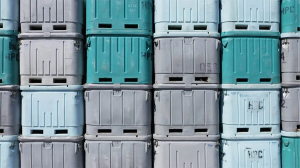 Sorting bins stacked dockside