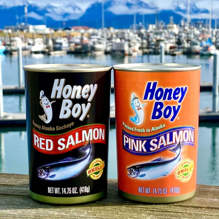 Four canned salmon cans, including pink salmon and red salmon