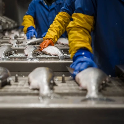 Workers processing fish